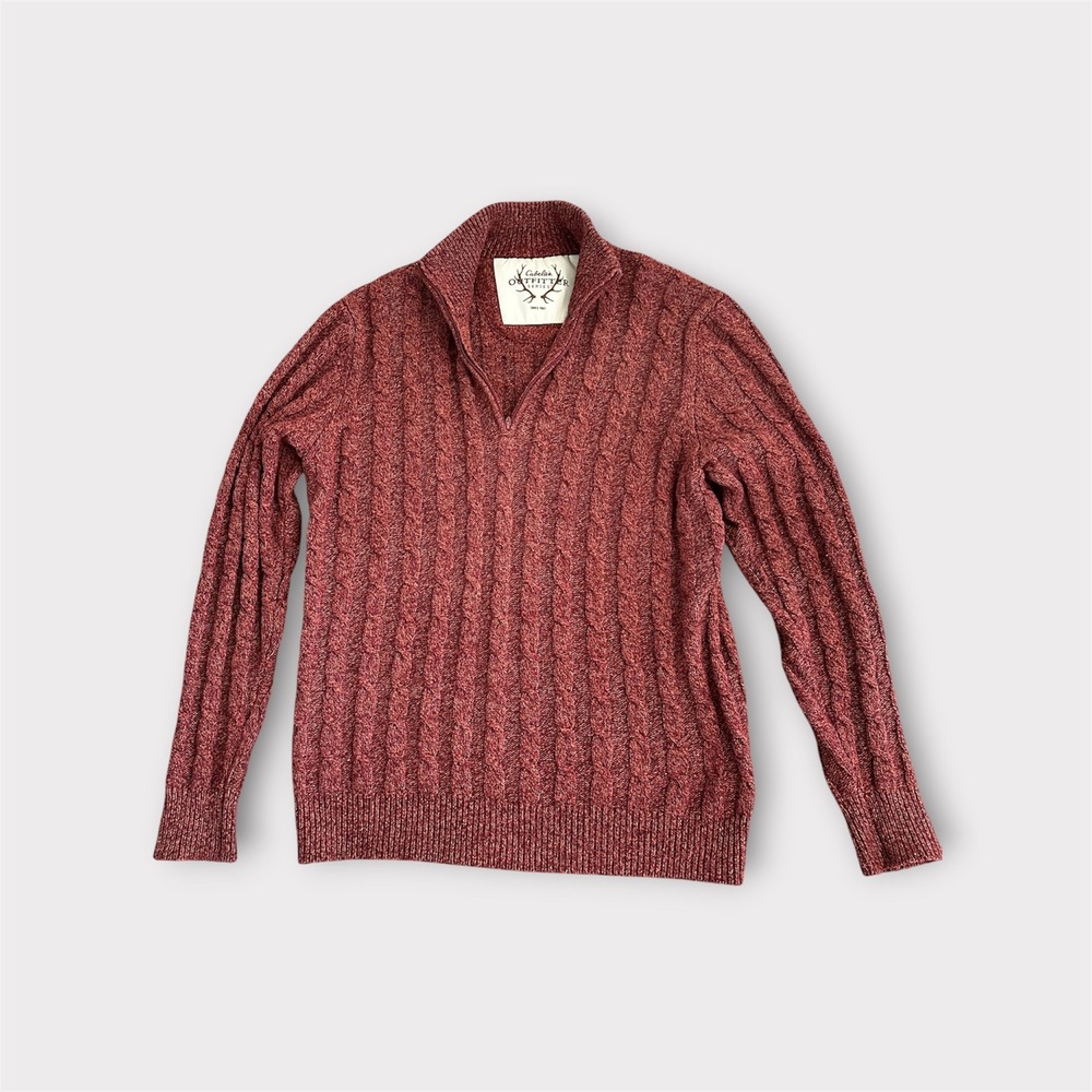 Cabelas Outfitter Series Cable Knit Zip Wool Sweater Aran Fisherman Kingston Med